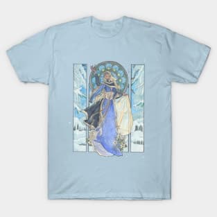 Lady Snowflake Art Nouveau Winter Goddess with Poinsettia and Stained Glass  Spirits of Winter Series T-Shirt